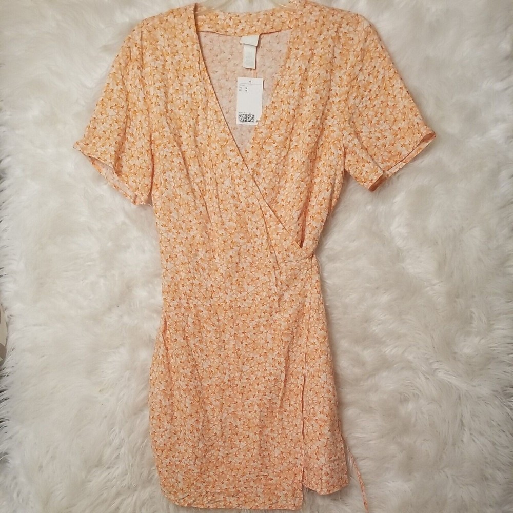H&M Wrap Dress Women Size M Orange Floral Print  Balletcore Cottagecore Boho